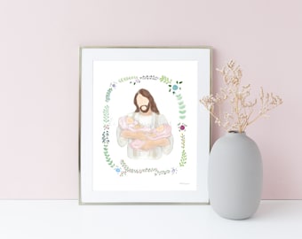 Girl Twin Memorial Art, Christ and Babies Print (Digital Download)