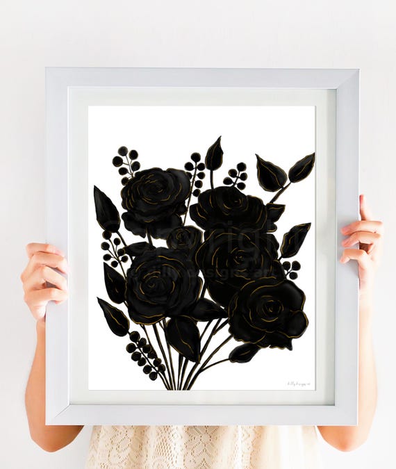 Elegant Black Rose Bouquet Wall Art Print, Hand-Drawn Floral Illustration, Pencil and Pastel Botanical Artwork, Dark Romantic Flower Decor