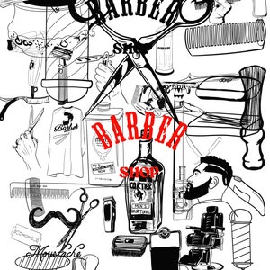 May include: Black and white illustration of a barber shop with various tools and equipment, including scissors, razors, combs, a hair tonic bottle, a barber chair, and a hairdryer. The text "Barber Shop" is written in red.