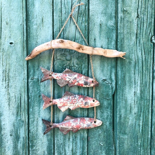 Ceramic raku 3 Poissons Rouge et Bois flotté