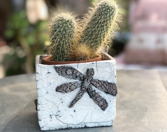 Raku flower pot dragonfly