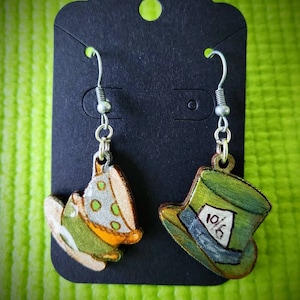 Tea cups and Mad Hatter hat lightweight hand painted resin coated colorful fun dangling earrings nickel-free Alice in Wonderland reminiscent