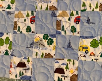 homemade FLANNEL CAMPING Crib Blanket quilt 40x47