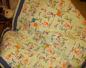 homemade FLANNEL MONKEYS 35X52 baby quilt blanket