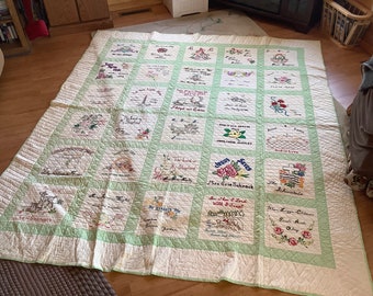 HAND quilted HAND embroidered Quilt 80x92