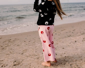 Handmade kids culottes EYES pink. Toddler pants. Unisex. Cotton clothes. Made in Poland.
