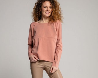 Blusa de lactancia de manga larga confeccionada en algodón y cremallera de doble cara para lactancia ROSA SALMÓN. Regalo de baby shower para mamá