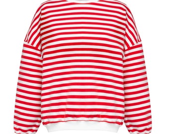 Red striped nursing sweatshirt. Breastfeeding-friendly fashion. Maternity clothing. Babyshower gift