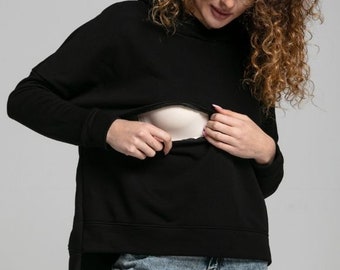 Breastfeeding hoodie COMFY black. Breastfeeding-friendly fashion. Maternity clothing.