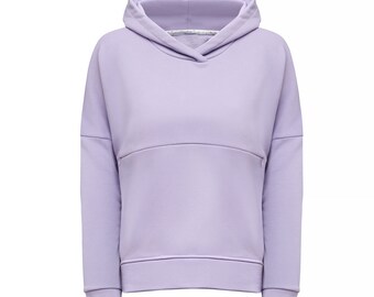 Still Hoodie. Handgefertigtes Kapuzenshirt für Damen und Mädchen. Kleidung aus Baumwolle. Lavendel mit Zwei-Wege-Reißverschluss.