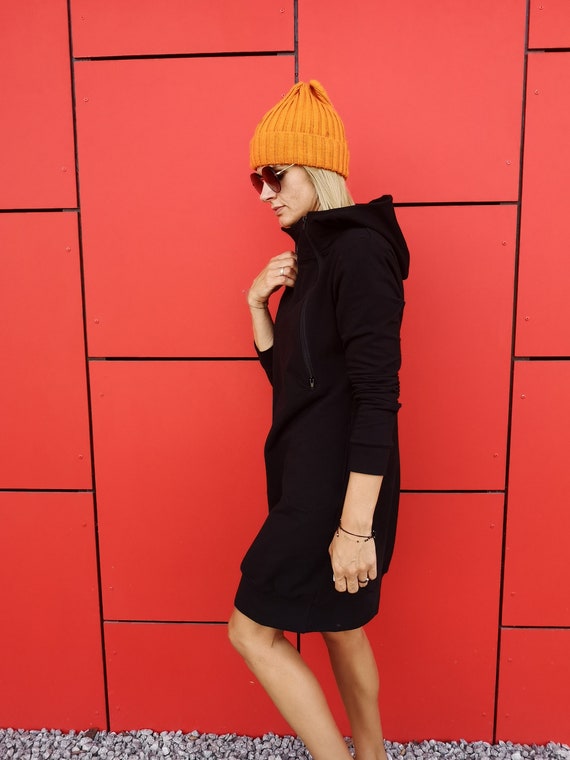 Black Nursing Hoodie Dress: Breastfeeding-Friendly, Double Zipper