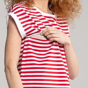 Handmade breastfeeding t-shirt RED stripes. Cotton clothes with nursing zipper. Breastfeeding-friendly fashion. Maternity clothing. image 7