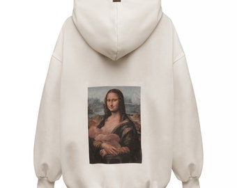 Nursing oversize hoodie. Breastfeeding-friendly fashion. Breastfeeding hoodie with double sided zipper. Hoodie Mona Lisa. Pregnancy hoodie.