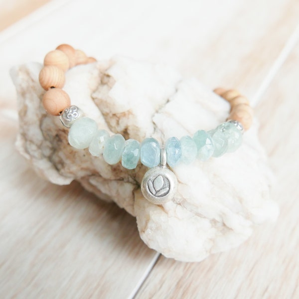 Aquamarine Lotus Om Bracelet w/ Sandalwood/Karen Hill Tribe silver/aquamarine bracelet/Mala bracelet/lotus/Om/charm bracelet/beaded bracelet