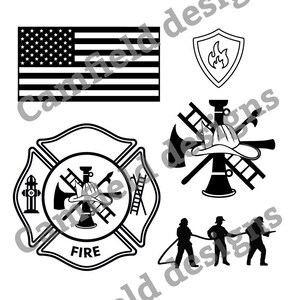 May include: Black and white firefighter themed clipart set. The set includes a fire department emblem with an axe, ladder, hose, and fire hydrant, a firefighter's helmet with a ladder and axe, a firefighter's helmet with a hose, a shield with a flame, and two firefighters holding a hose.