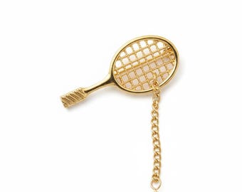 Tennis Racquet Brooch Gold Pearl | Rhinestone Enamel Pin | Vintage Style Jewelry | Gift for Her