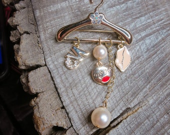 Coat Hanger Brooch Gold Pearl | Rhinestone Enamel Pin | Vintage Style Jewelry | Gift for Her