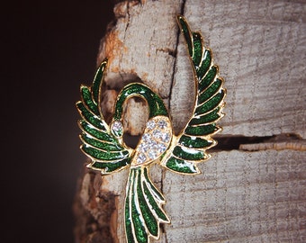 Japan Crane Brooch Green Gold | Rhinestone Enamel Pin | Vintage Style Jewelry | Gift for Her