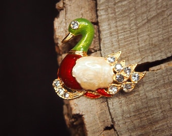 Mandarin Duck Brooch Green Gold | Rhinestone Enamel Pin | Vintage Style Jewelry | Gift for Her