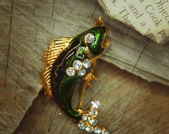 Salmon Fish Brooch Green Gold | Enamel Rhinestone Pin | Animal Lover Gift | Lapel Pin Accessory