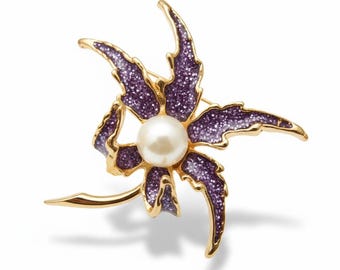 Iris Brooch Purple Pearl | Enamel Crystal Pin | Bridal Bouquet Pin | Wedding Gift for Her