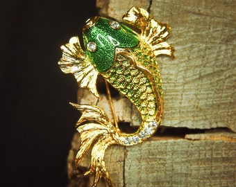 Japanese Koi Brooch Green Gold | Rhinestone Enamel Pin | Vintage Style Jewelry | Gift for Her