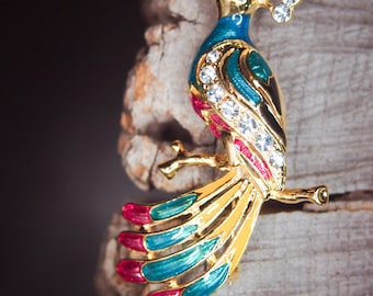 Pheasant Brooch antique vintage styled, bridesmaid, rhinestone diamante, wedding, mothers gift, men lapel, enamel, hijab #5600