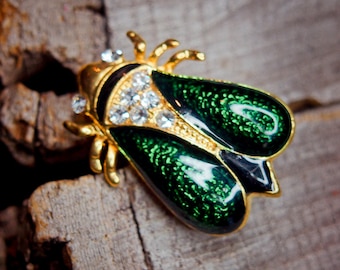 Bug Brooch Green Gold | Rhinestone Enamel Pin | Vintage Style Jewelry | Gift for Her