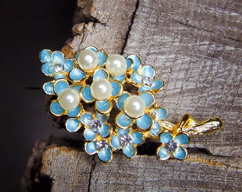 Cherry Branch Brooch Blue Gold | Rhinestone Enamel Pin | Vintage Style Jewelry | Gift for Her