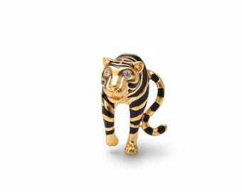 Tiger Brooch Black Gold | Enamel Rhinestone Pin | Animal Lover Gift | Lapel Pin Accessory #5647