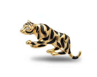 Tiger Brooch Black Gold | Enamel Rhinestone Pin | Animal Lover Gift | Lapel Pin Accessory #5645