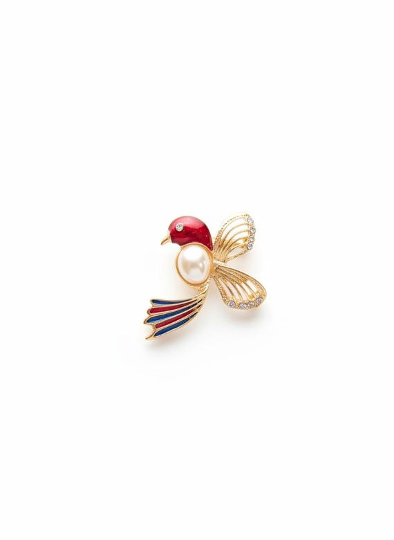 Humming Bird Brooch Red Gold | Enamel Rhinestone Pin | Animal Lover Gift | Lapel Pin Accessory