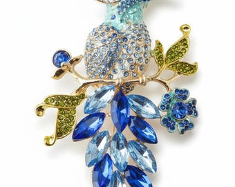 Broche de pájaro azul y dorado / Pin de esmalte con diamantes de imitación / Regalo para amantes de los animales / Accesorio de solapa