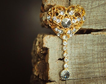 Sweet Heart Brooch Gold | Rhinestone Crystal Pin | Bridal Bouquet Pin | Wedding Gift for Her