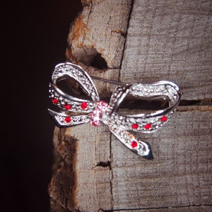 Ribbon Bow Brooch antique vintage styled, bridesmaid, rhinestone diamante, wedding, mothers gift, men lapel, enamel, hijab #5740