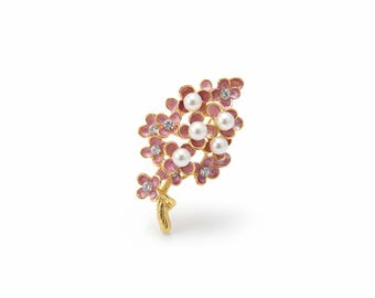 Cherry Branch Brooch Purple Pearl | Rhinestone Enamel Pin | Vintage Style Jewelry | Gift for Her