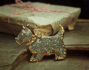 Terrier Brooch Gold | Rhinestone Enamel Pin | Vintage Style Jewelry | Gift for Her
