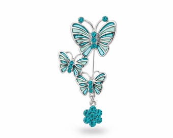 Garden Butterfly Brooch Blue Silver | Crystal Enamel Pin | Nature Jewelry Gift | Lapel Pin Accessory