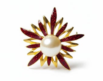 Broche de perlas brillantes en oro rojo / Elegante broche de perlas / Broche para ramo de novia / Regalo de boda para ella