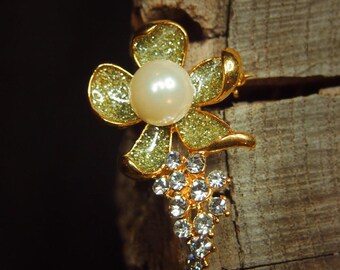 Pearl Orchid Brooch Pearl Gold | Enamel Crystal Pin | Bridal Bouquet Pin | Wedding Gift for Her