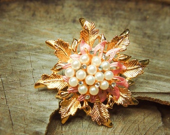 Banksia Brooch Soft Pink Pearl | Rhinestone Enamel Pin | Vintage Style Jewelry | Gift for Her