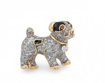 Broche de Cachorrinho Prateado e Preto | Alfinete de Esmalte com Strass | Presente para Amantes de Animais | Acessório para Lapela
