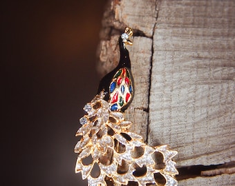 Peacock Brooch antique vintage styled, bridesmaid, rhinestone diamante, wedding, mothers gift, men lapel, enamel, hijab #5614