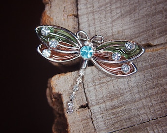 Dragonfly Brooch antique vintage styled, bridesmaid, rhinestone diamante, wedding, mothers gift, men lapel, enamel, hijab #5696