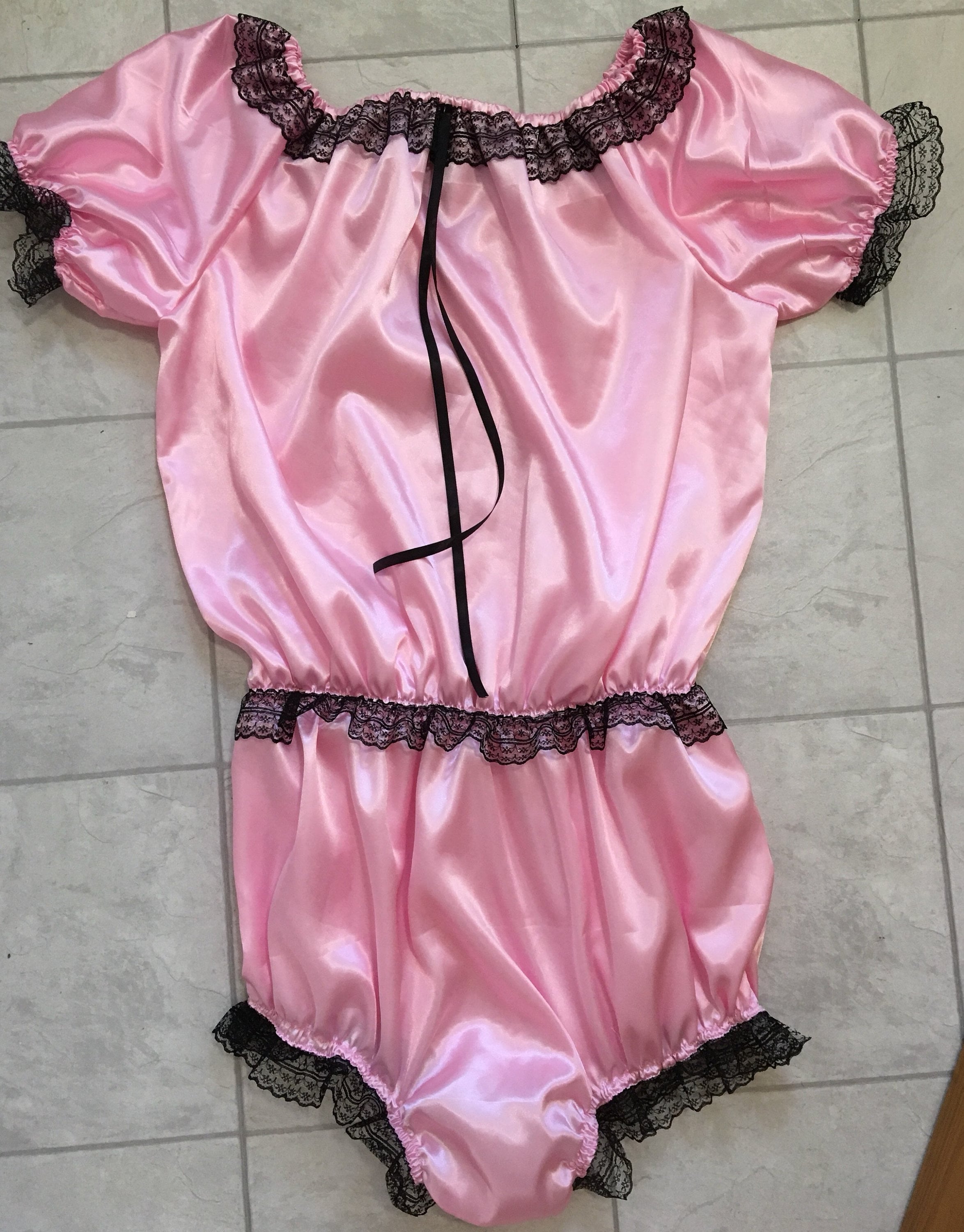 Adult Pink satin romper onsie edged in black lace any size | Etsy