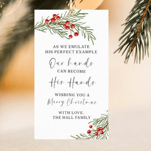 Navidad: Emulando su ejemplo perfecto / Etiqueta navideña Manos Guantes / Etiquetas de Feliz Navidad / Navidad cristiana / Etiqueta editable