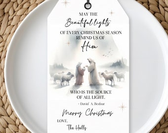 Etiquetas de regalo con la luz de Cristo para Navidad, etiquetas de Feliz Navidad, etiqueta de Navidad de la Natividad, etiqueta editable, etiqueta de regalo cristiana, luces de Navidad