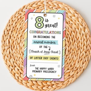 Eight Is Great, It&#39;s Great to be Eight, LDS Baptism Gift, Baptism Gift Tag, LDS Baptism printable, Rainbow Baptism, Digital Download,