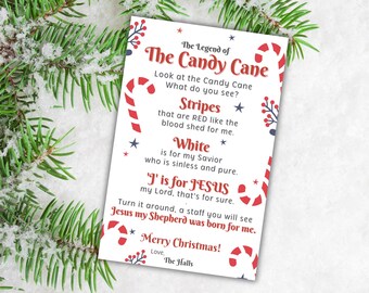 May include: A white card with red and blue candy cane illustrations and text that reads "The Legend of The Candy Cane". The text explains the meaning of the candy cane's colors and shape, referencing the Christian holiday of Christmas. The card ends with "Merry Christmas! Love, The Halls."