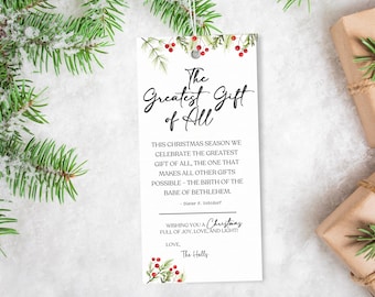 Christuskerstboodschap, citaat van Deiter F Uchtdorf, Merry Christmas-tag, LDS-kersttag, grootste cadeau van allemaal, buurcadeau, bewerkbaar